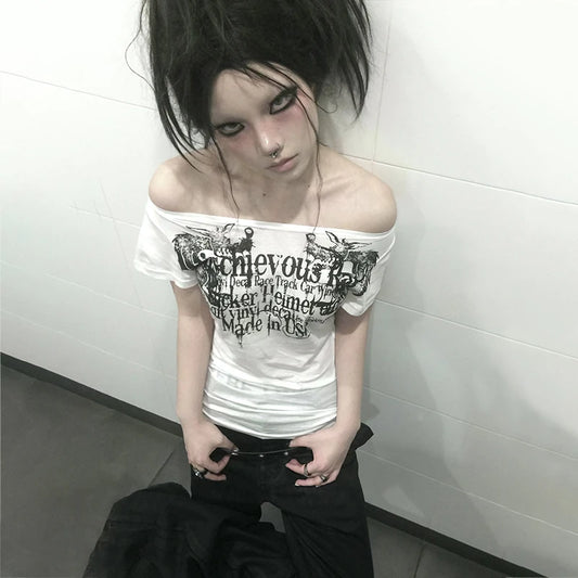 Cathy Dollette Grunge s Tattoo Print  Trashy 2000s Style Letter T Shirt Japanese  White Sheer TopGothic Vintage