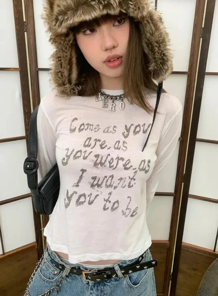 Cathy Dollette Vintage Print Letter T Shirt  See Through White Graphic Top  Grunge Top American Retro