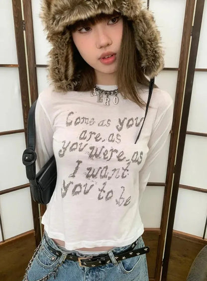 Cathy Dollette Vintage Print Letter T Shirt  See Through White Graphic Top  Grunge Top American Retro