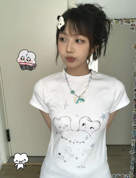 Cathy Dollette Korean Style   Short Sleeve Print Graphic Top Japanese 2000s Crop Top Funny Tshirt Summer