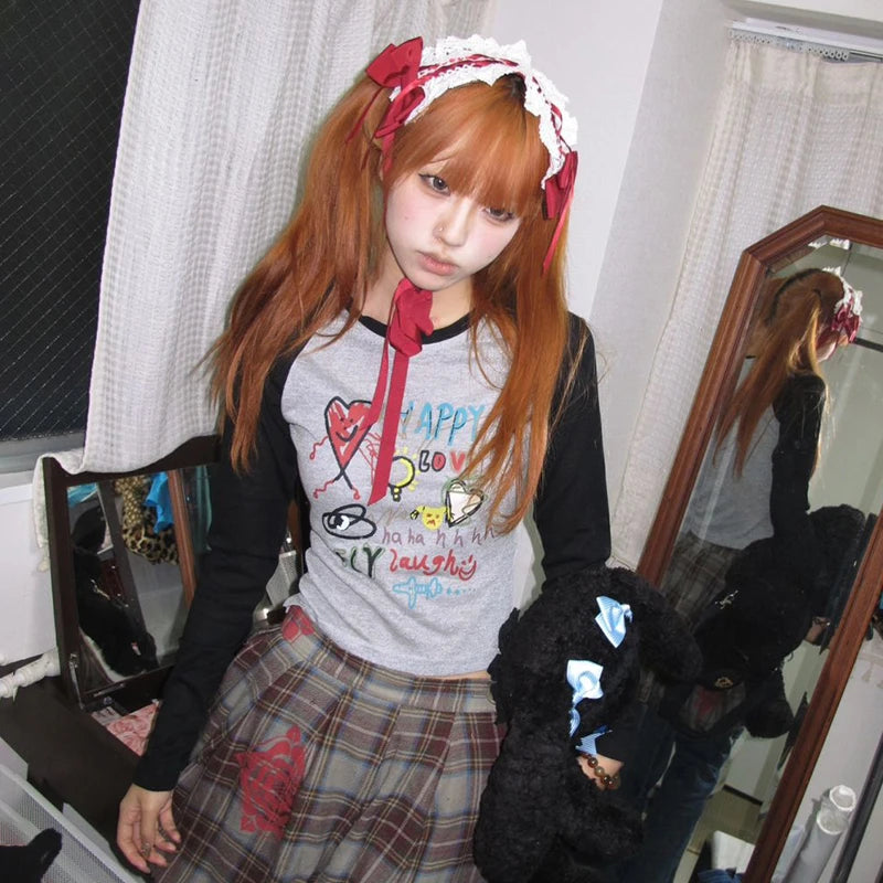 Cathy Dollette Japanese  Graffiti Print  Trashy 2000s Style Long Sleeve Patchwork TopVintage Harajuku Crop Top American 90s