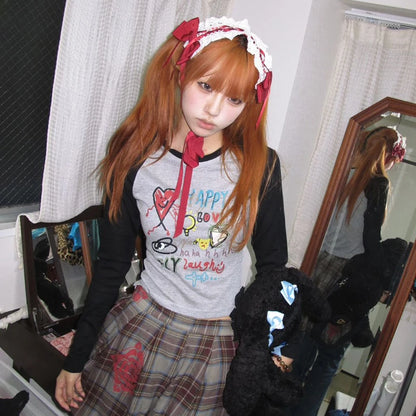 Cathy Dollette Japanese  Graffiti Print  Trashy 2000s Style Long Sleeve Patchwork TopVintage Harajuku Crop Top American 90s