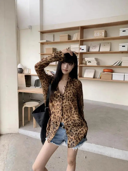 Cathy Dollette Hotsweet Leopard Chiffon Shirt  Button Up Single Breasted Long Sleeve Autumn Top2000s  Shirts And Blouses Chic