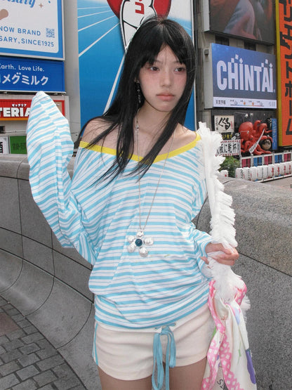 Cathy Dollette Japanese  Blue Striped  Korean 2000s Style V-neck Long Sleeve T Shirt Vintage Harajuku Off Shoulder Loose Tops