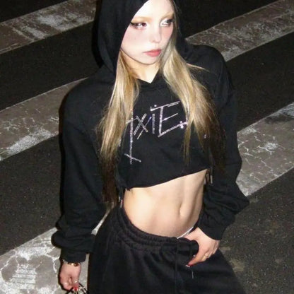 Cathy Dollette Hooded Print 's  Long Sleeve Crop TopSpring Graphic Tees Female Clothing 2000s Clothes  Streetwear Chic