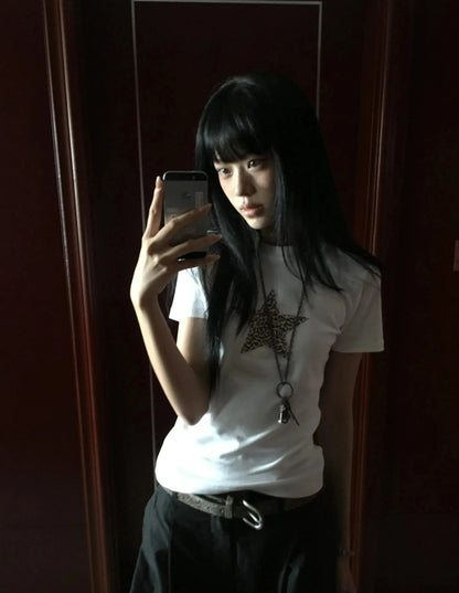 Cathy Dollette Harajuku Print T Shirt  Short Sleeve Leopard Stars Tee TopLoose  Grunge TopJapanese 2000s Tshirts