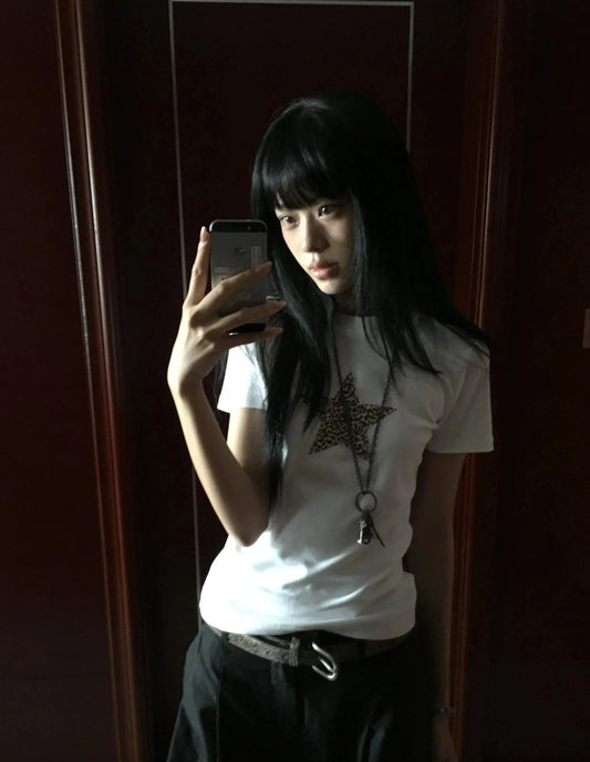 Cathy Dollette Harajuku Print T Shirt  Short Sleeve Leopard Stars Tee TopLoose  Grunge TopJapanese 2000s Tshirts