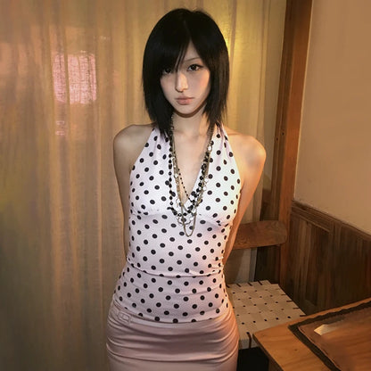 Cathy Dollette Japanese  Polka Dot Halter Top2000s s Pink Tank Top Vintage Harajuku V-neck Camisole TopAmerican Retro