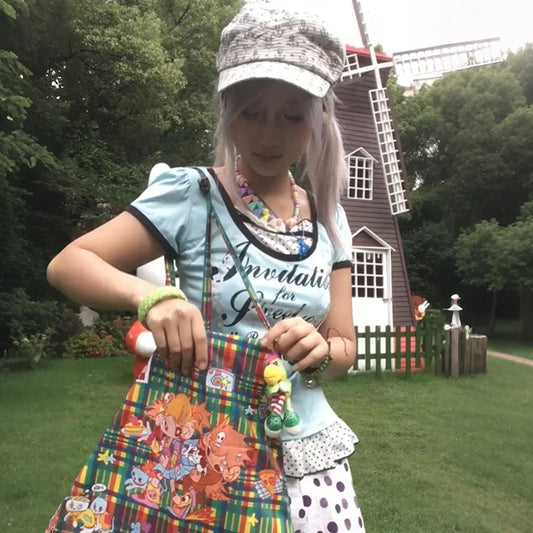 Cathy Dollette Japanese  Letter Print  2000s Style Fake Two-piece TopVintage Harajuku Cutecore Tshirt Lolita American Retro