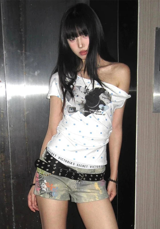 Cathy Dollette Harajuku Print T Shirt  Off Shoulder Slim  Vintage Crop Top2000s Japanese Graphic Top Grunge Top