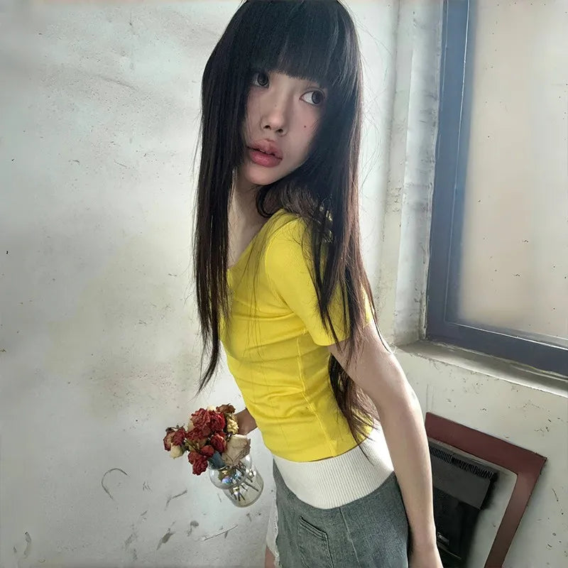 Cathy Dollette Japanese  Rhinestones  Vintage Harajuku Diamond Letter Print T Shirts Trashy 2000s s Yellow Crop Top