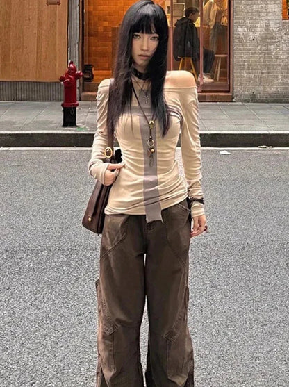 Cathy Dollette 's  2000s Clothes  Tees Female Long Sleeve Off Shoulder Korean Fashion Skinny Hotsweet Autumn TopSlim
