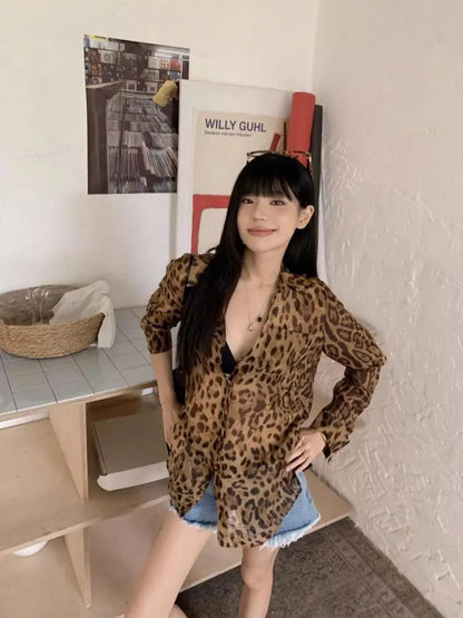 Cathy Dollette Hotsweet Leopard Chiffon Shirt  Button Up Single Breasted Long Sleeve Autumn Top2000s  Shirts And Blouses Chic