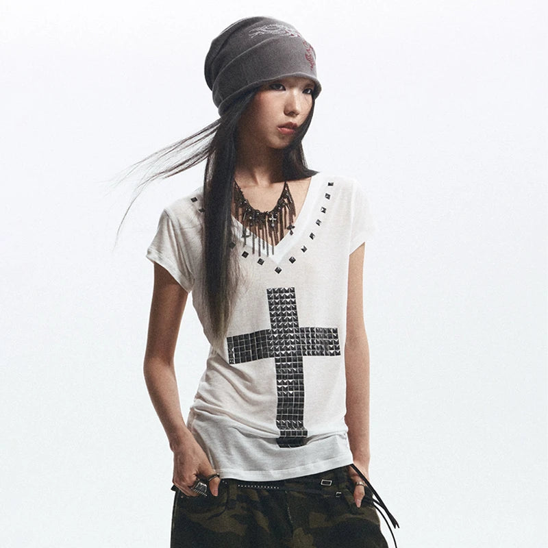 Cathy Dollette Grunge s Metal Cross-print  Trashy 2000s Style V-neck Sheer Top Vintage Gothic Streetwear American Retro