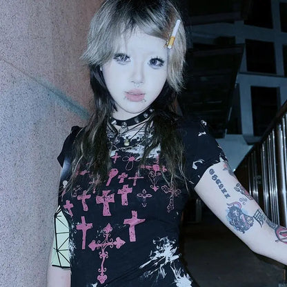Cathy Dollette Gothic Graphic T Shirts Woman Clothes Short Sleeve Japan Style 2000s Clothes  Summer TopBlack Tees Female Clothing