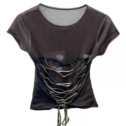 Cathy Dollette Lace Up T Shirt  Slim Streetwear Short Sleeve Korean Fashion 2000s Clothes  Tees Female Clothing Summer Tops
