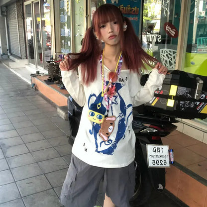 Cathy Dollette Japanese 2000s Print Graphic TopLong Sleeve  Vintage Tshirts  Casual Loose Tee TopE-girls American Retro