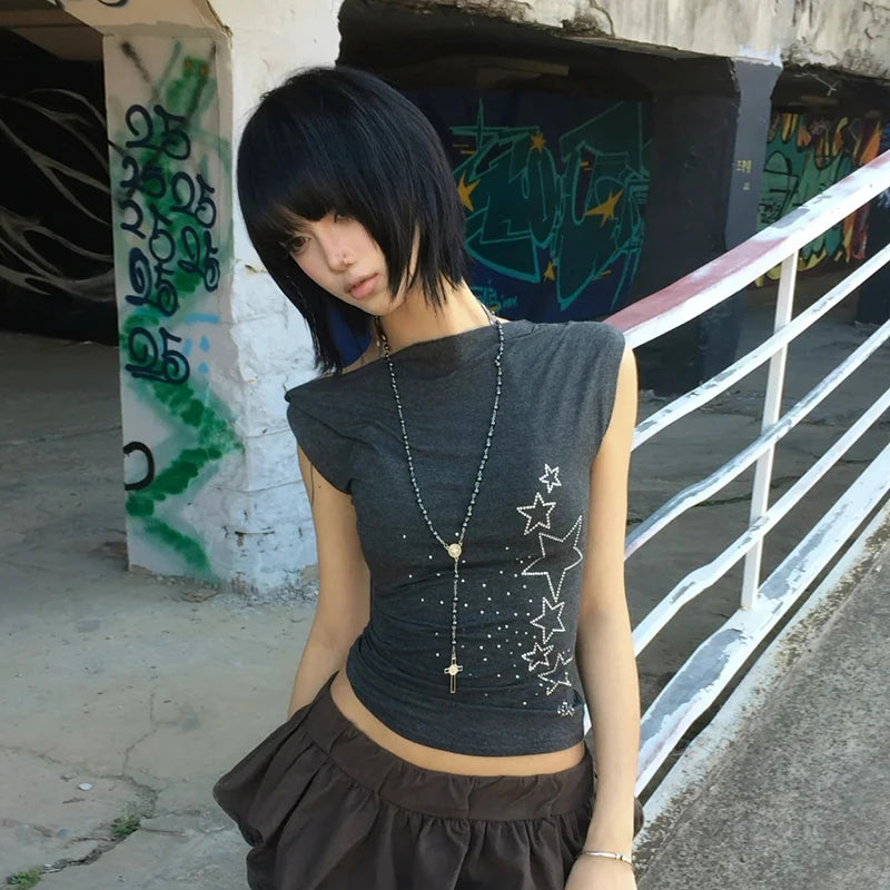Cathy Dollette  Japanese   Irregular Crop TopOff Shoulder Diamonds Streetwear Grunge TopFairycore Tshirts