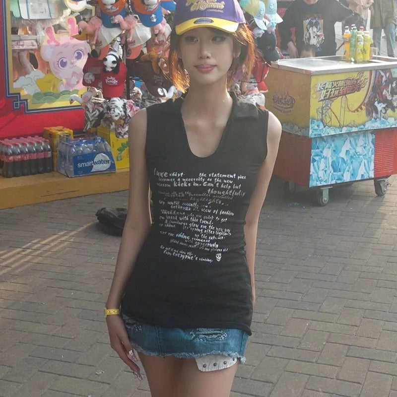 Cathy Dollette Japanese  Long Tank Top Trashy 2000s Sleeveless TopGothic Vintage Harajuku Tanktop Grunge s Black Top90s