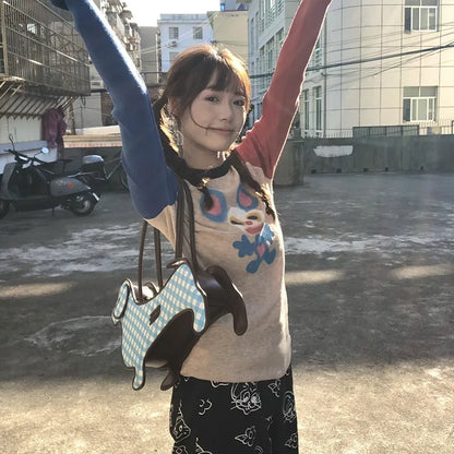Cathy Dollette Japanese  Knitted TopVintage Harajuku Graffiti Print Long Sleeve  2000s s Ribbed Patchwork Top90s