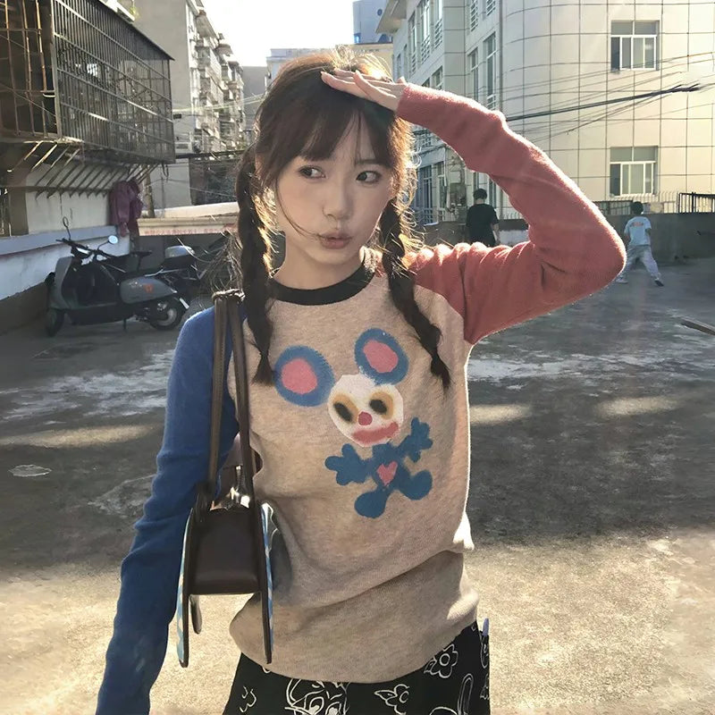 Cathy Dollette Japanese  Knitted TopVintage Harajuku Graffiti Print Long Sleeve  2000s s Ribbed Patchwork Top90s