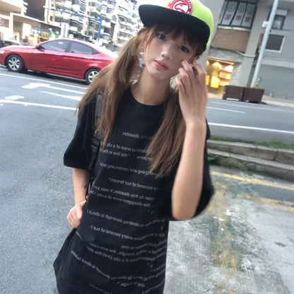 Cathy Dollette Japanese  Letter Print  2000s Style Short Sleeve Black Tee Shirt Vintage Harajuku Streetwear American Retro
