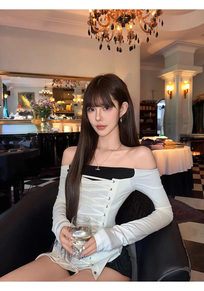 Cathy Dollette Hotsweet Lace Up Patchwork  Woman Clothes Long Sleeve Autumn Top 2000s Clothes  Youthful Tees Chic