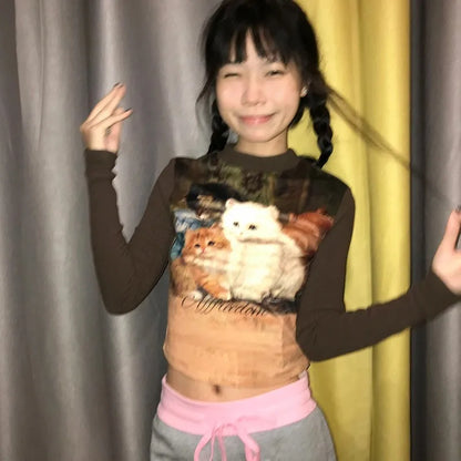 Cathy Dollette Japanese  Cat Print  2000s s Long Sleeve Crop TopVintage Harajuku Patchwork Ribbed TopKorean Cute