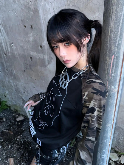 Cathy Dollette Skull Graphic T Shirts Camouflage Woman Clothing Autumn TopLong Sleeve Cotton 2000s Clothes  Tees Female Clothing