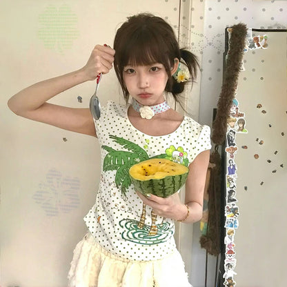 Cathy Dollette Japanese  Kawaii  2000s s Coconut Tree Print T Shirt Vintage Harajuku Polka Dots Crop TopLolita 90s
