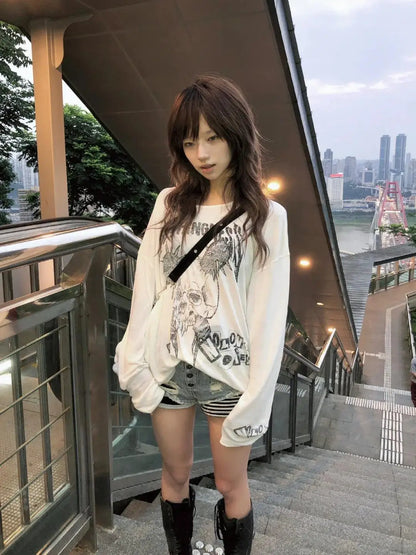 Cathy Dollette Japanese Vintage   Loose Casual Print Graphic Top Grunge TopBroke Hole Tee TopAmerican Retro