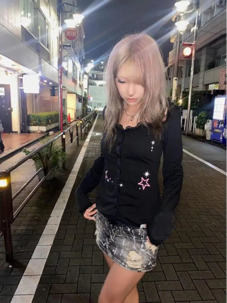 Cathy Dollette Hotsweet Lace Patchwork Print Stars T Shirt  Clothes Long Sleeve Slim Harajuku  Cardigan Tee Shirt Femme 90s