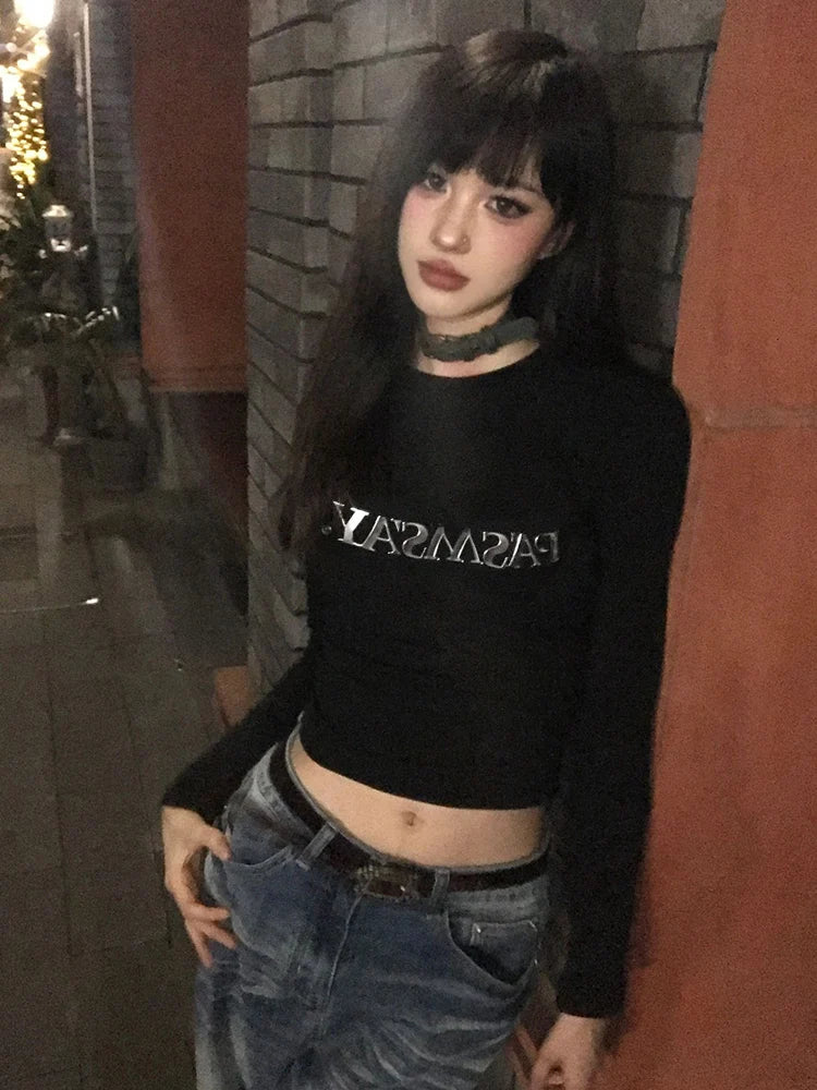 Cathy Dollette Hotsweet Black Print Letter Graphic T Shirts Long Sleeve Slim 2000s Clothes  Tees Female Clothing  Autumn Top