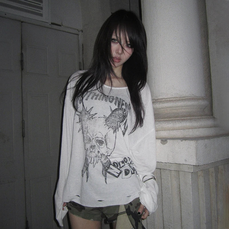 Cathy Dollette Grunge s Skull Print  Trashy 2000s Style Distressed TopVintage Punk Long Sleeve   Gothic Emo