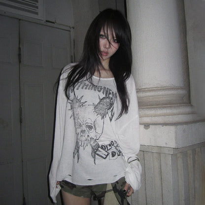 Cathy Dollette Grunge s Skull Print  Trashy 2000s Style Distressed TopVintage Punk Long Sleeve   Gothic Emo