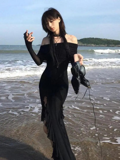 Cathy Dollette Summer 2025 Off Shoulder Long Dresses  Black Beach Party Evening Dress Slim Mesh Robe Sideslit Elegant Gowns