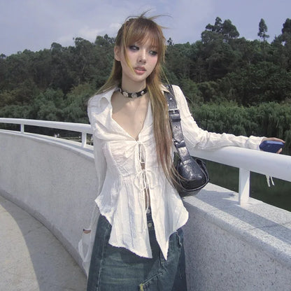 Cathy Dollette  s Pleated Shirt Fairycore Lace Up Blouse Trashy 2000s Style V-neck Shirt Irregular Japanese Harajuku 90s