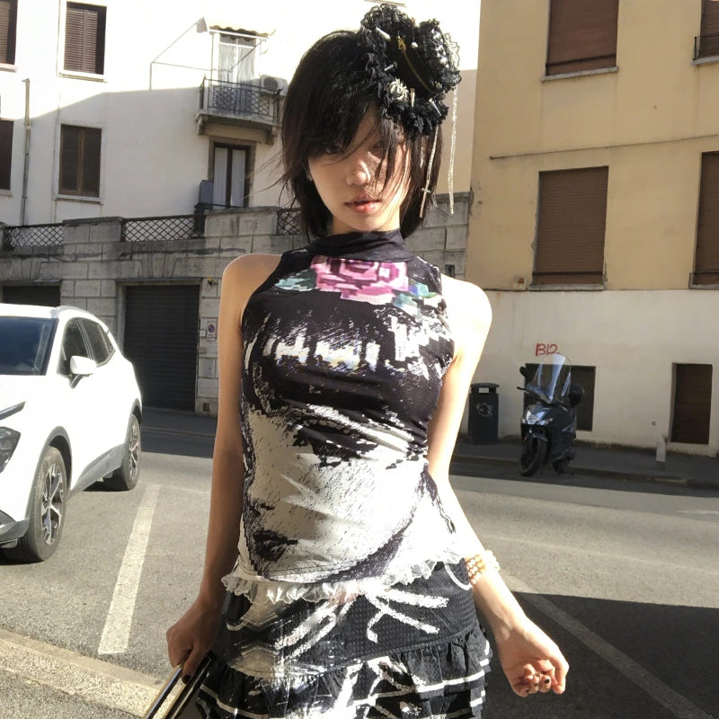 Cathy Dollette Japanese  Anime Print Tank Top 2000s Style Lace Patchwork Sleeveless Top Vintage Harajuku Mesh Tanktop American Retro