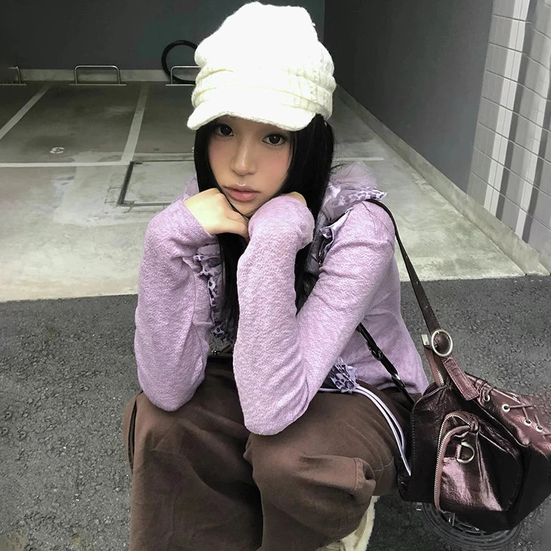 Cathy Dollette Japanese  Ruffles Knitted TopVintage Harajuku Long Sleeve V-neck Knit  Trashy 2000s Lace-up Purple Knitwear
