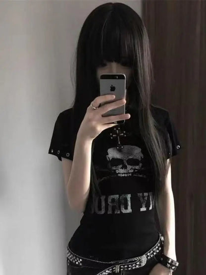 Cathy Dollette Goth Print 's  Short Sleeve Gothic Graphic Tee Female Clothing 2000s Clothes  Summer TopSlim Tshirt