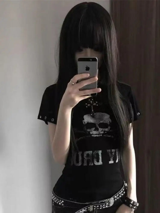 Cathy Dollette Goth Print 's  Short Sleeve Gothic Graphic Tee Female Clothing 2000s Clothes  Summer TopSlim Tshirt