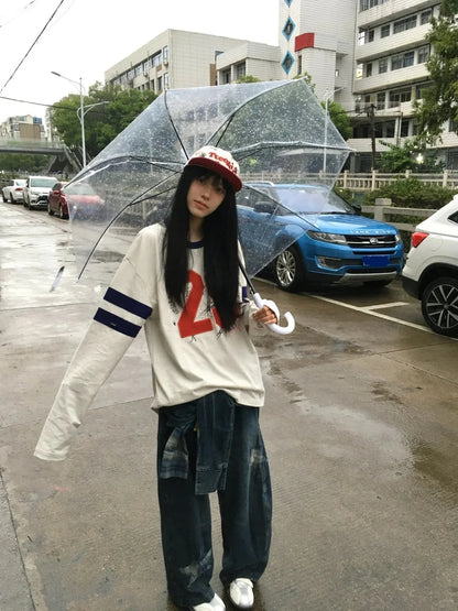 Cathy Dollette Japanese    Long Sleeve Print Letter Gaphic Top Grunge TopAmerican Retro Tshirts