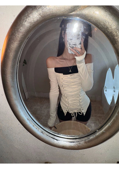 Cathy Dollette Hotsweet Lace Up Patchwork  Woman Clothes Long Sleeve Autumn Top 2000s Clothes  Youthful Tees Chic