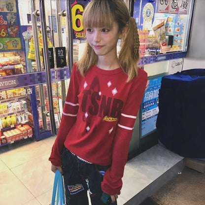 Cathy Dollette Japanese  Letter Print  Trashy 2000s Style Flare Sleeve TopVintage Harajuku Red Tee Shirt American Retro 90s