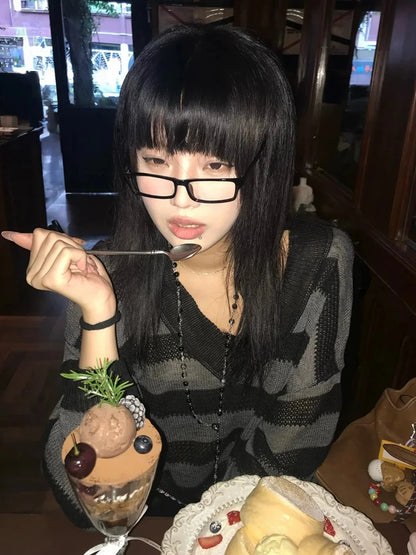 Cathy Dollette  2000s Sweater  Loose Casual Striped Pullovers Streetwear  Japanese Grunge TopE-girls Fairycore