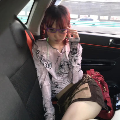 Cathy Dollette Japanese  Graffiti Print TopVintage Harajuku Anime Long Sleeve  2000s s Grunge Tee American Retro