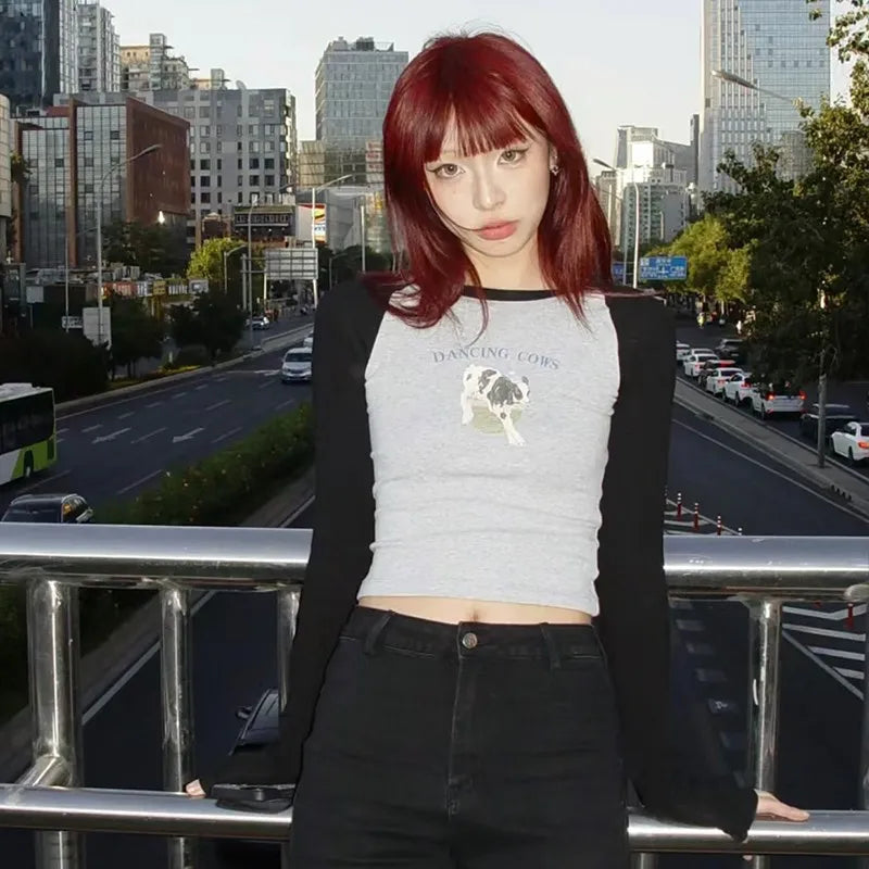 Cathy Dollette Japanese Hrajuku Crop Top s Patchwork  00s Grunge Slim TShirt Kawaii Fairycore 2000s Clothes E-girl