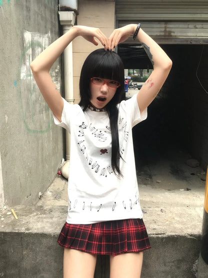 Cathy Dollette Gothic Retro T Shirt  Short Sleeve Print Graphic Top Grunge TopWhite Japanese 2000s Tshirt E-girls