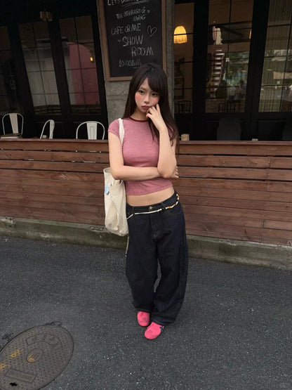Cathy Dollette Harajuku Striped T Shirt  Short Sleeve Slim  Vintage Crop TopClassic American Retro Basic Tshirts Streetwear