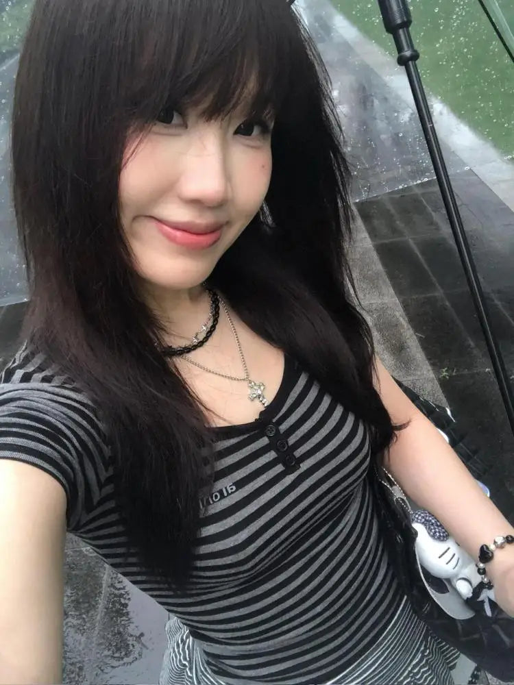 Cathy Dollette Hotsweet Striped 's  Slim Summer Short Sleeve Korean Fashion 2000s Clothes  Tees Female Clothing